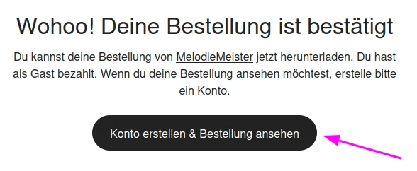 Etsy-Mail „Deine Bestellung ist bestätigt“ mit dem Knopf „Konto erstellen & Bestellung ansehen“
