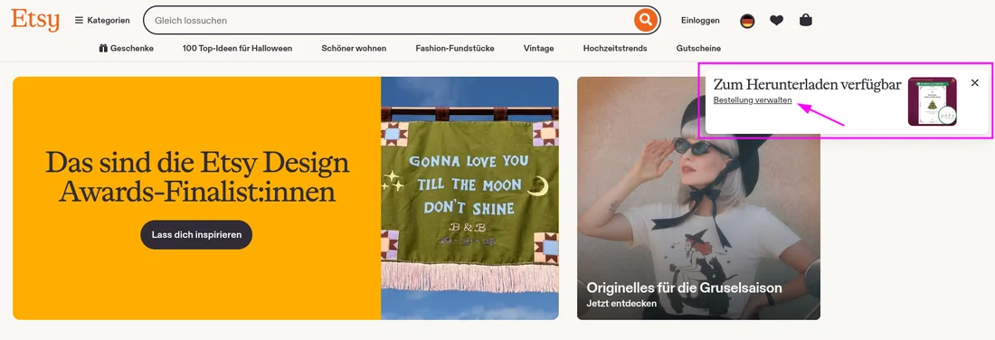 Etsy-Startseite im Browser, oben rechts der Hinweis „Zum Herunterladen verfügbar“ mit dem Link „Bestellung verwalten“