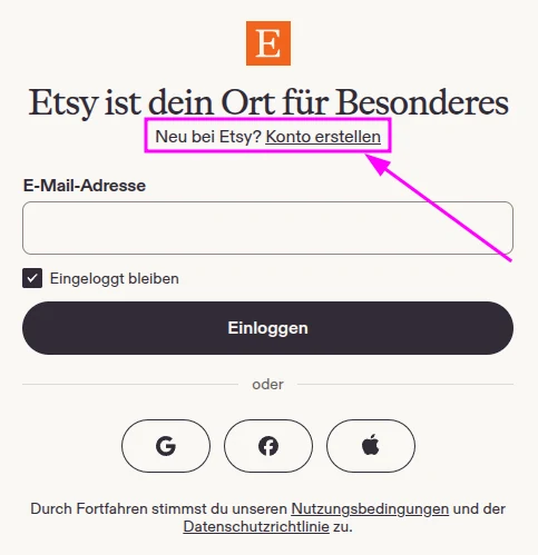 Etsy-Anmeldung mit dem Link „Neu bei Etsy? Konto erstellen“