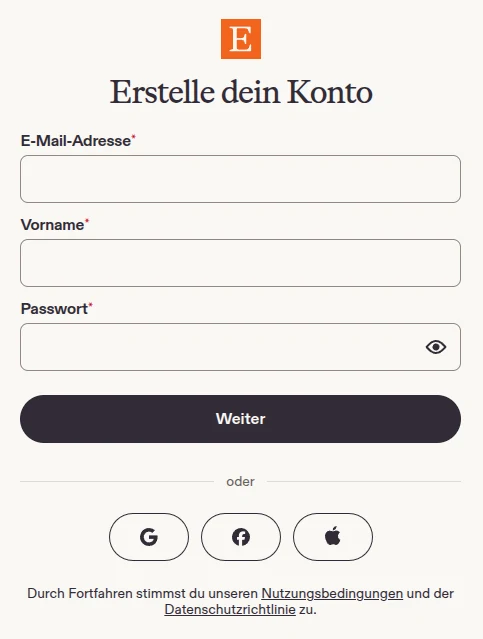 Formular „Erstelle dein Konto“ mit E-Mail-Adresse, Vorname und Passwort