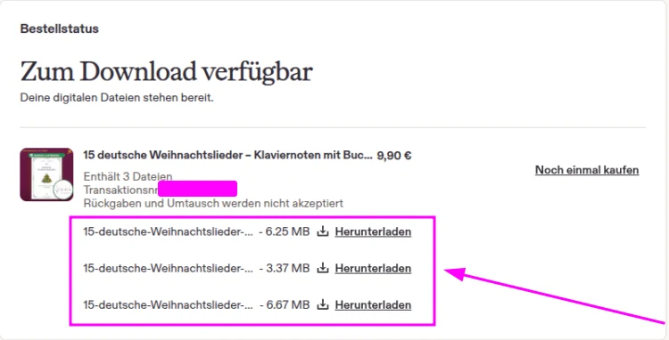 Etsy-Bestelldetails „Zum Download verfügbar“ mit drei Dateien und je einem Link „Herunterladen“