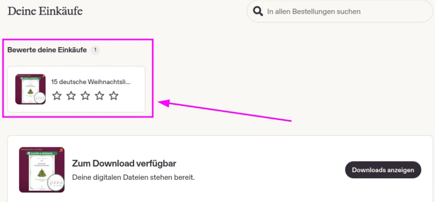 Etsy „Deine Einkäufe“ mit dem Bereich „Bewerte deine Einkäufe“ und fünf leeren Sternen