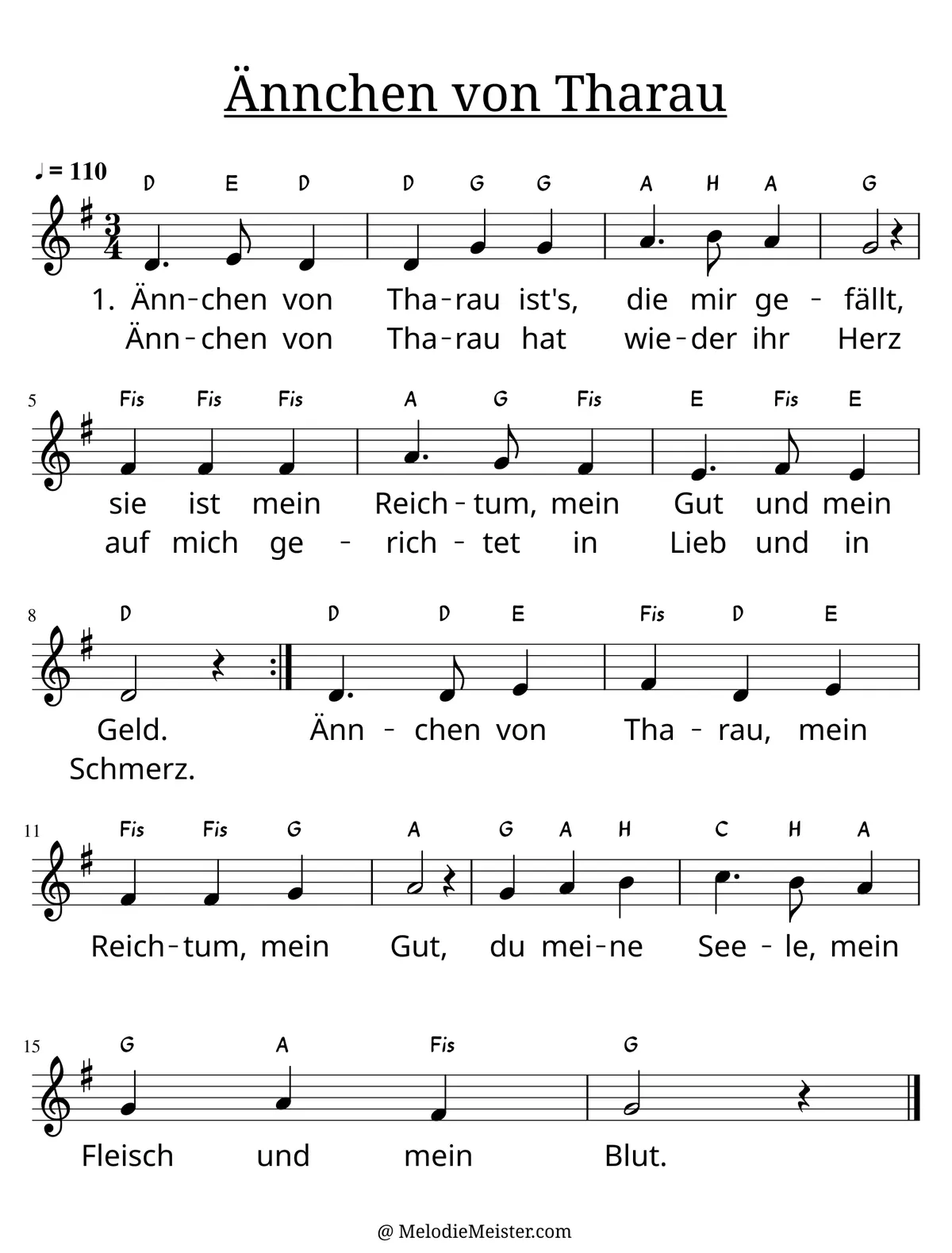 Notenblatt „Ännchen von Tharau“. Einstimmige Melodie im Violinschlüssel, G-Dur, 3/4-Takt, mit der 1. Strophe des Liedtextes.