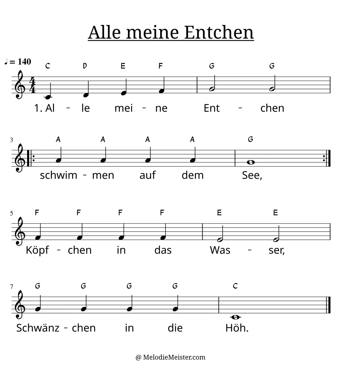 Notenblatt „Alle meine Entchen“. Einstimmige Melodie im Violinschlüssel, C-Dur, 4/4-Takt, mit der 1. Strophe des Liedtextes.