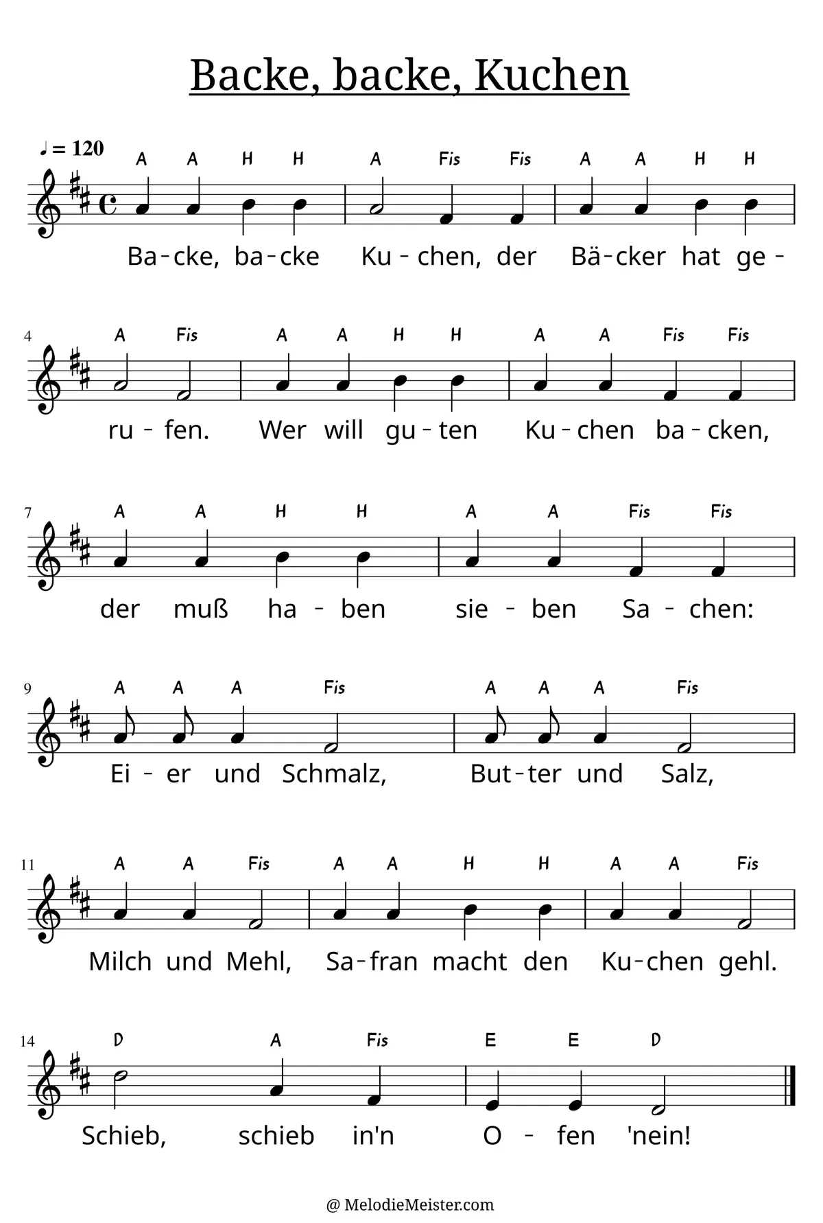 Notenblatt „Backe, backe Kuchen“. Einstimmige Melodie im Violinschlüssel, D-Dur, 4/4-Takt, mit der 1. Strophe des Liedtextes.