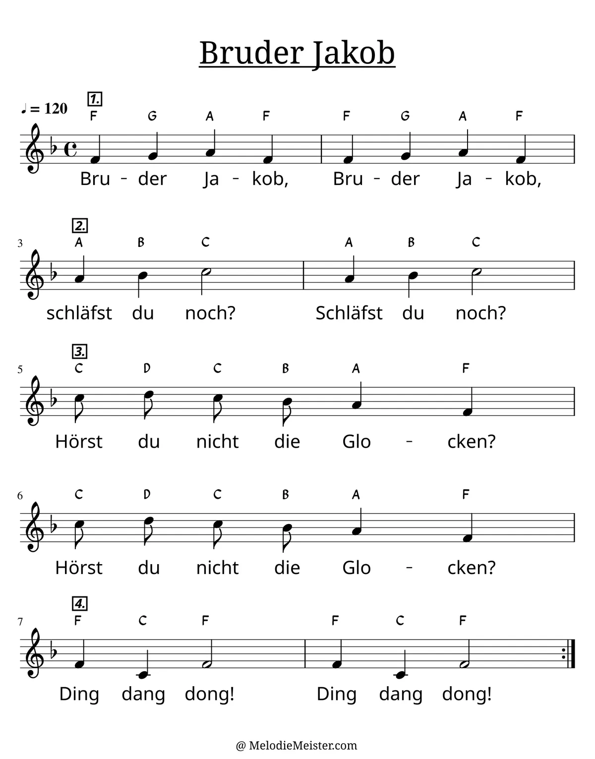 Notenblatt „Bruder Jakob (Kanon)“. Einstimmige Melodie im Violinschlüssel, F-Dur, 4/4-Takt, mit der 1. Strophe des Liedtextes.