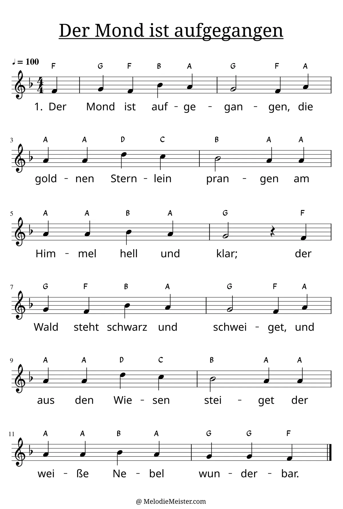 Notenblatt „Der Mond ist aufgegangen“. Einstimmige Melodie im Violinschlüssel, F-Dur, 4/4-Takt, mit der 1. Strophe des Liedtextes.