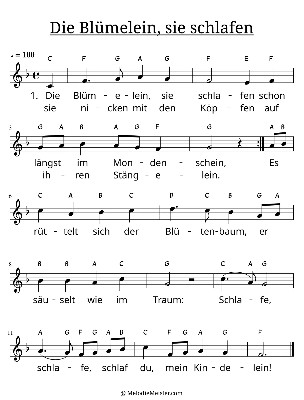 Notenblatt „Die Blümelein, sie schlafen“. Einstimmige Melodie im Violinschlüssel, F-Dur, 4/4-Takt, mit der 1. Strophe des Liedtextes.