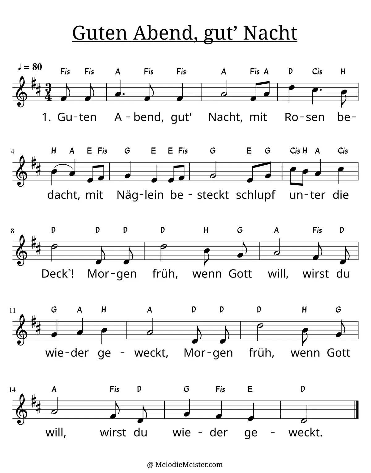Notenblatt „Guten Abend, gut’ Nacht“. Einstimmige Melodie im Violinschlüssel, D-Dur, 3/4-Takt, mit der 1. Strophe des Liedtextes.