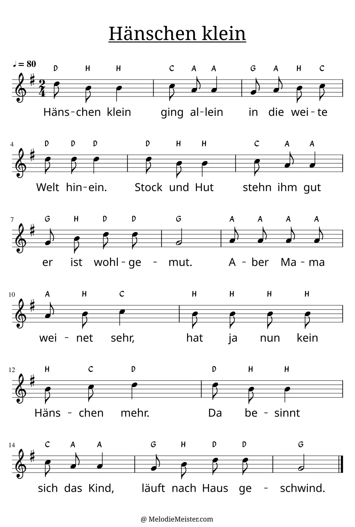 Notenblatt „Hänschen klein“. Einstimmige Melodie im Violinschlüssel, G-Dur, 2/4-Takt, mit der 1. Strophe des Liedtextes.