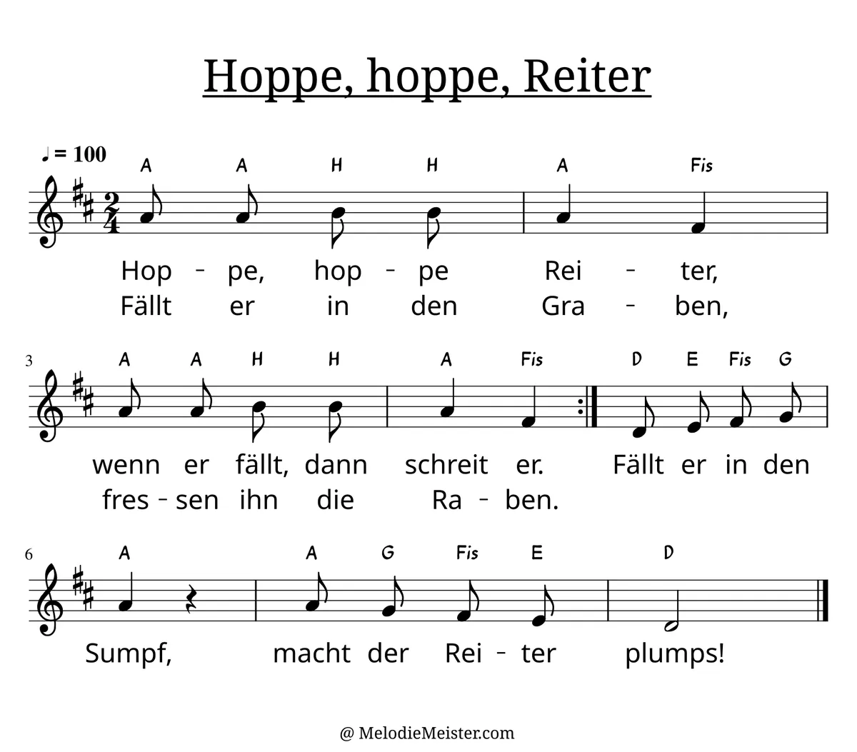 Notenblatt „Hoppe, hoppe Reiter“. Einstimmige Melodie im Violinschlüssel, D-Dur, 2/4-Takt, mit der 1. Strophe des Liedtextes.