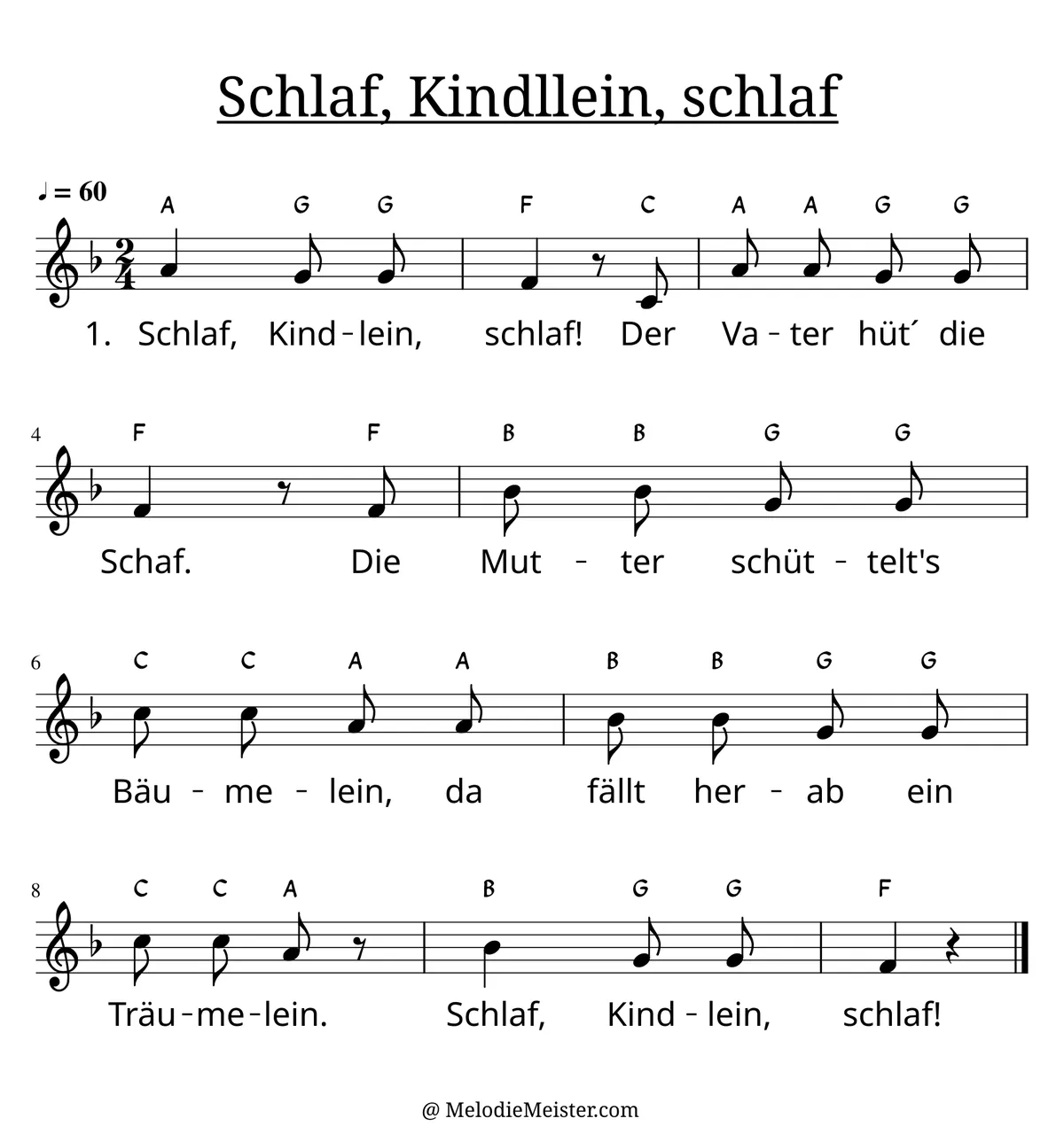 Notenblatt „Schlaf, Kindlein, schlaf“. Einstimmige Melodie im Violinschlüssel, F-Dur, 4/4-Takt, mit der 1. Strophe des Liedtextes.