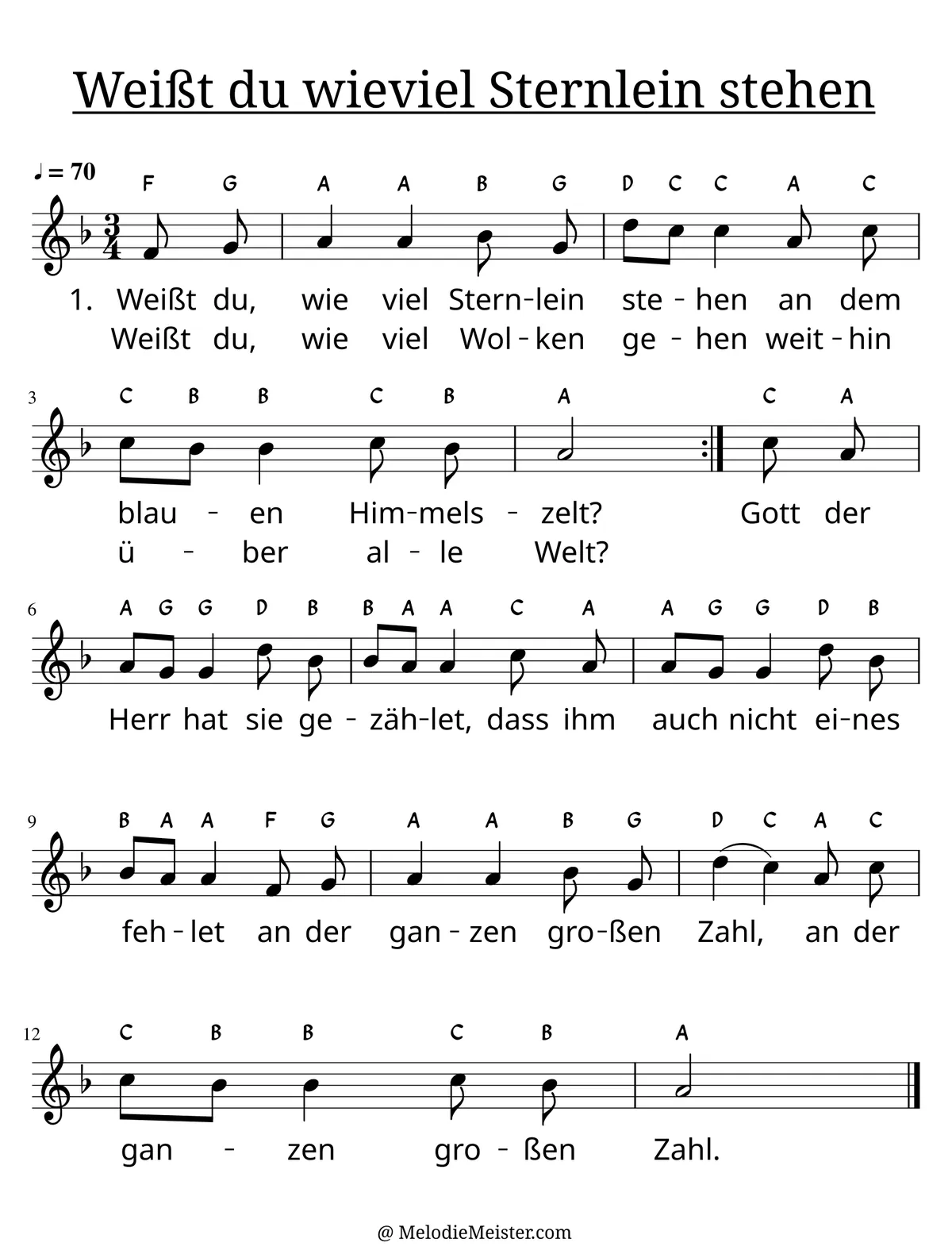 Notenblatt „Weißt du wieviel Sternlein stehen“. Einstimmige Melodie im Violinschlüssel, F-Dur, 3/4-Takt, mit der 1. Strophe des Liedtextes.