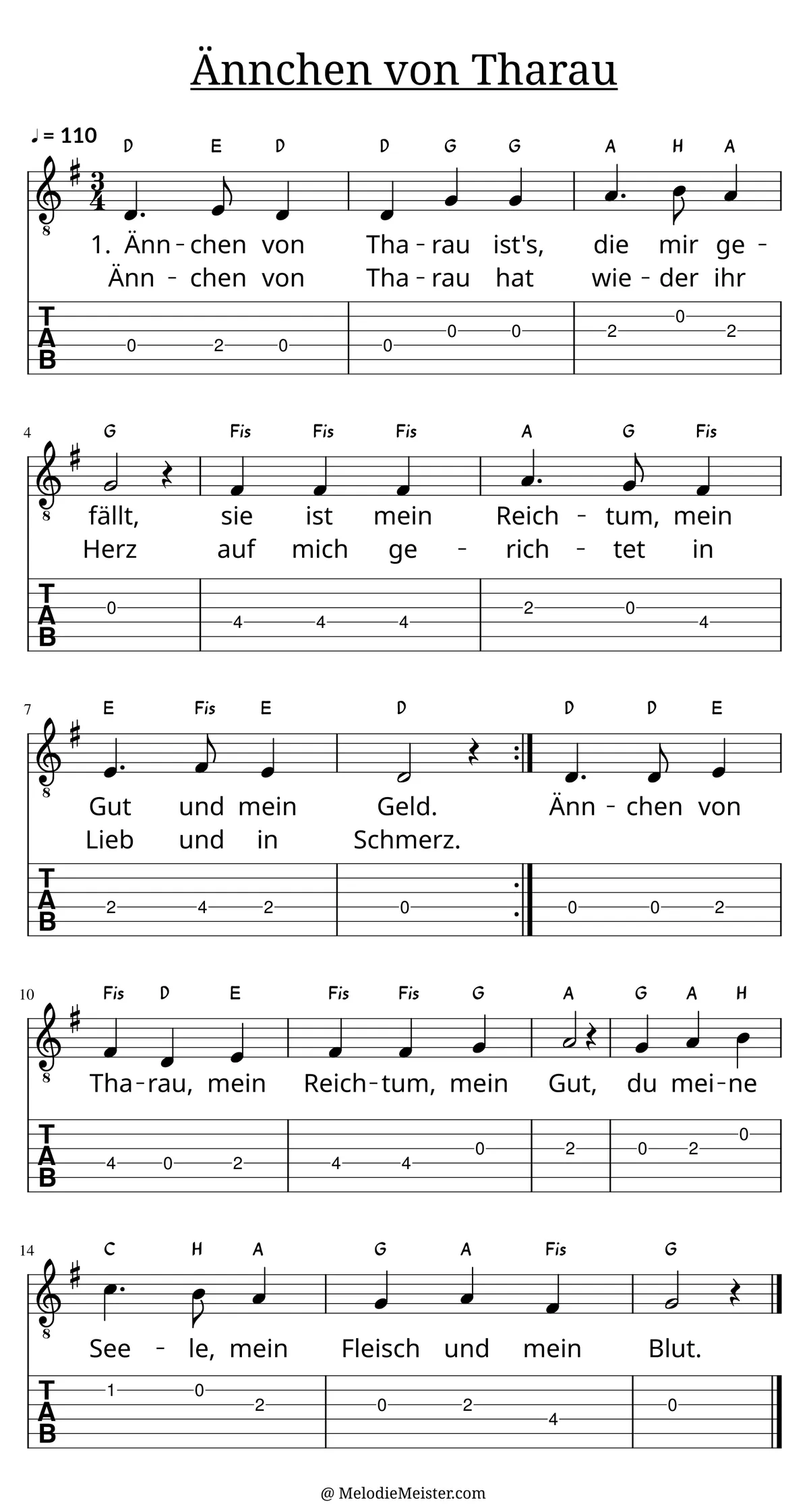 Ännchen von Tharau – Noten für Gitarre mit Tabulatur und Text zum Volkslied, geeignet für Anfänger