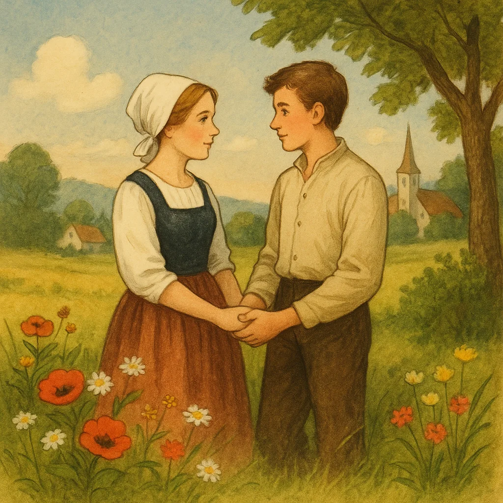 Ein junges Paar steht Hand in Hand auf einer blühenden Sommerwiese am Dorfrand, schaut sich verliebt an; im Hintergrund das Dorf Tharau mit Kirche und Bäumen.