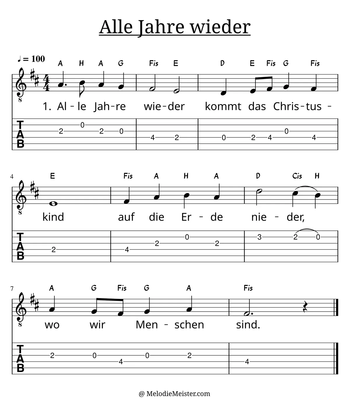 Alle Jahre wieder – Noten für Gitarre mit Tabulatur und Text zum Weihnachtslieder Adventslied, geeignet für Anfänger