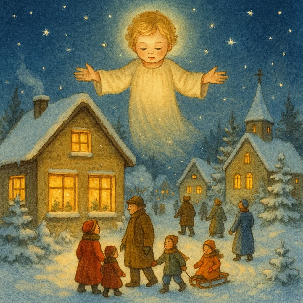 Verschneites Dorf mit hell erleuchteten Häusern, draußen gehen Menschen durch den Schnee; über der Szene schwebt das Christuskind und segnet die Menschen.