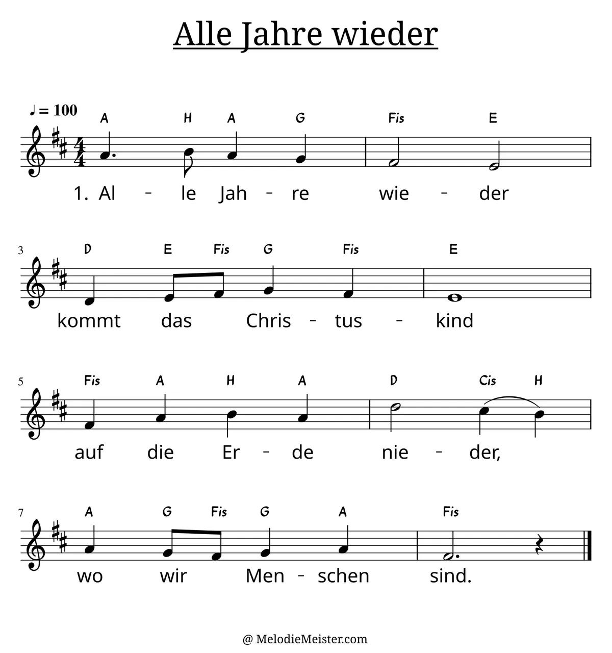 Notenblatt „Alle Jahre wieder“. Einstimmige Melodie im Violinschlüssel, D-Dur, 4/4-Takt, mit der 1. Strophe des Liedtextes.