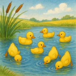 Mehrere kleine Enten schwimmen fröhlich auf einem sonnigen See, einige stecken die Köpfe ins Wasser und recken die Schwänzchen in die Höhe; am Ufer wachsen Schilfpflanzen, der Himmel ist hell und freundlich.