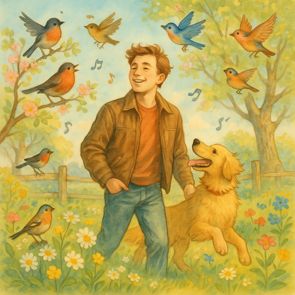 Viele bunte Vögel zwitschern und singen auf einer blühenden Frühlingswiese, Kinder schauen staunend zu; die Szene ist fröhlich und lebendig.