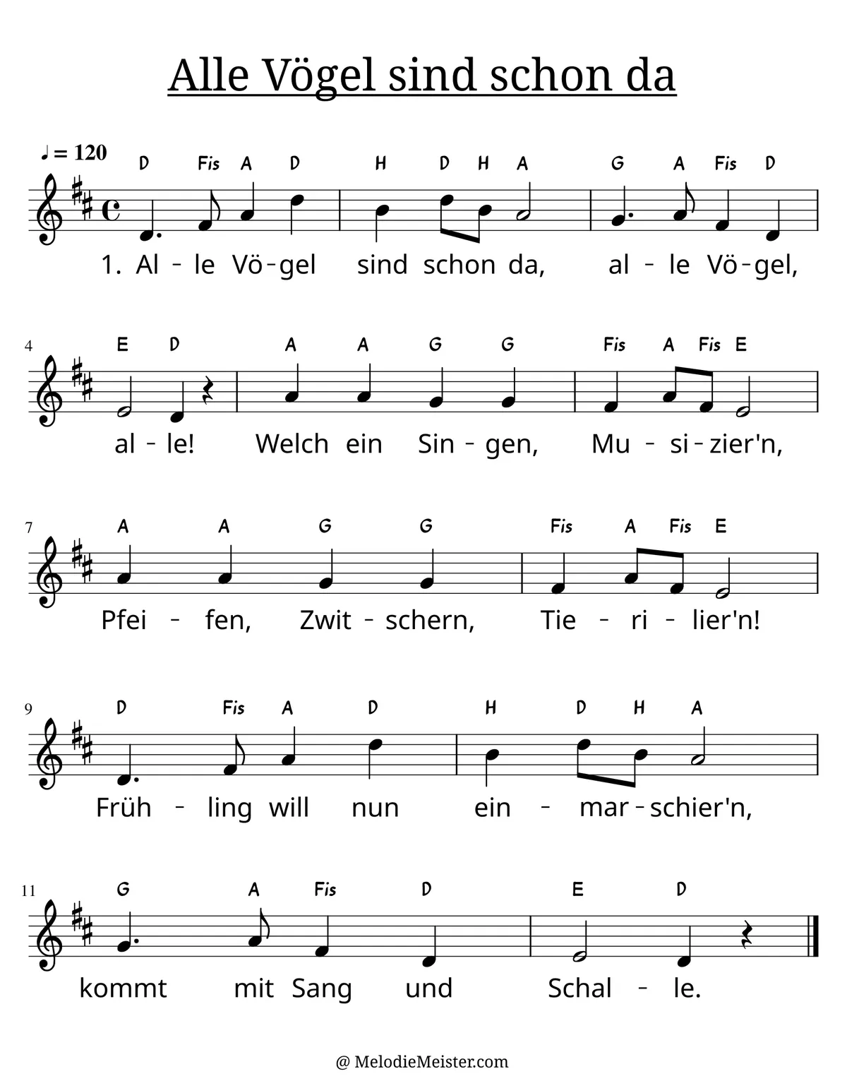 Notenblatt „Alle Vögel sind schon da“. Einstimmige Melodie im Violinschlüssel, D-Dur, 4/4-Takt, mit der 1. Strophe des Liedtextes.