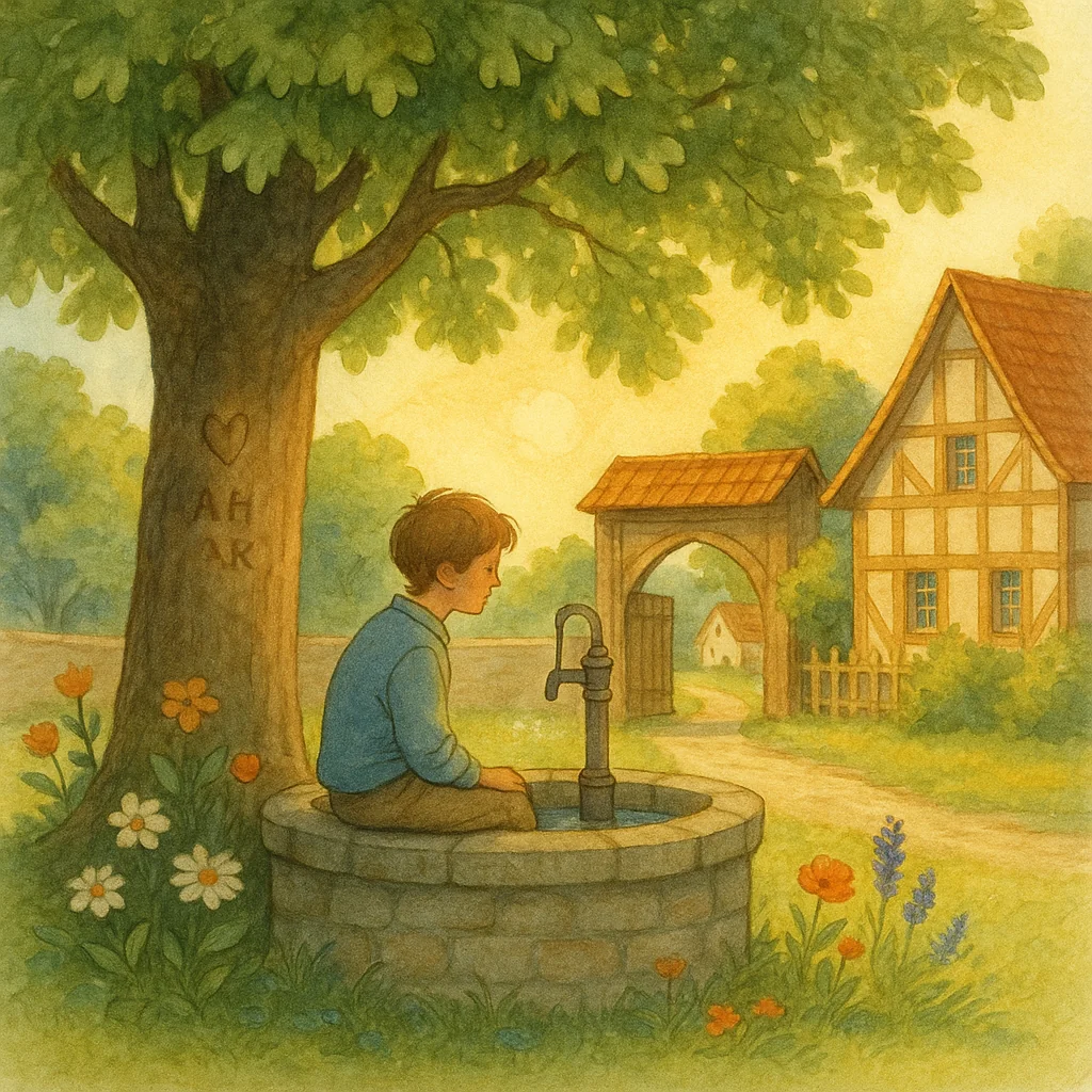 Ein junger Mensch sitzt nachdenklich am Brunnen unter einem Lindenbaum vor einem alten Dorf-Tor, Sonnenstrahlen tanzen durch die Blätter, eingeritzte Herzen zieren die Baumrinde.