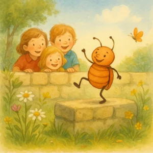 Eine kleine Wanze tanzt fröhlich auf einer Steinmauer, dahinter schauen Kinder lachend zu, umgeben von Sommerwiese, Blumen und Sonnenschein.