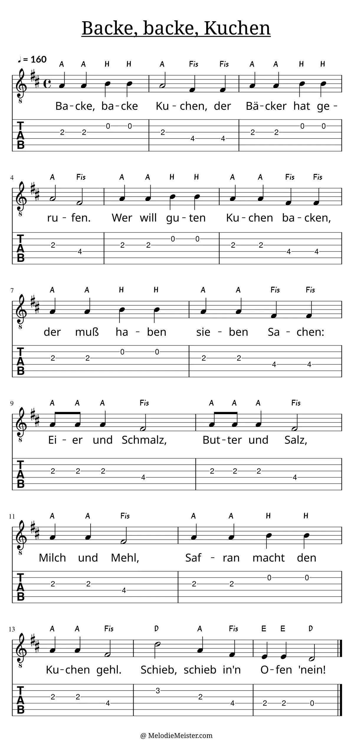 Backe, backe Kuchen – Noten für Gitarre mit Tabulatur und Text zum Kinderlied, geeignet für Anfänger