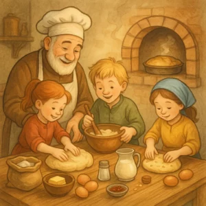 Kinder und ein Bäcker backen gemeinsam Kuchen in einer gemütlichen Backstube, auf dem Tisch liegen verschiedene Zutaten, im Hintergrund steht ein alter Backofen.