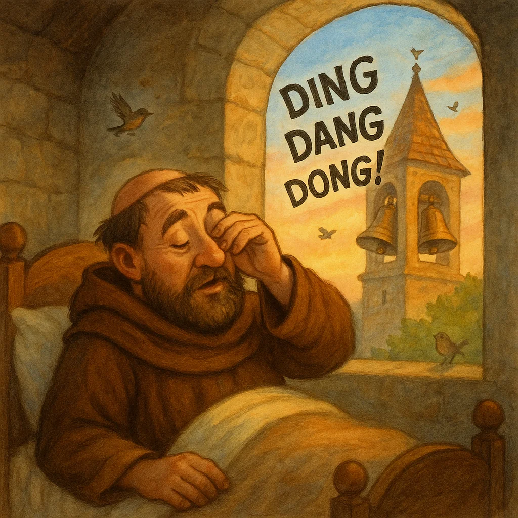 Schlafender Mönch in einem Klosterzimmer, sanftes Morgenlicht fällt durchs Fenster, im Hintergrund ein Kirchturm mit Glocken – Szene aus dem Lied „Bruder Jakob“