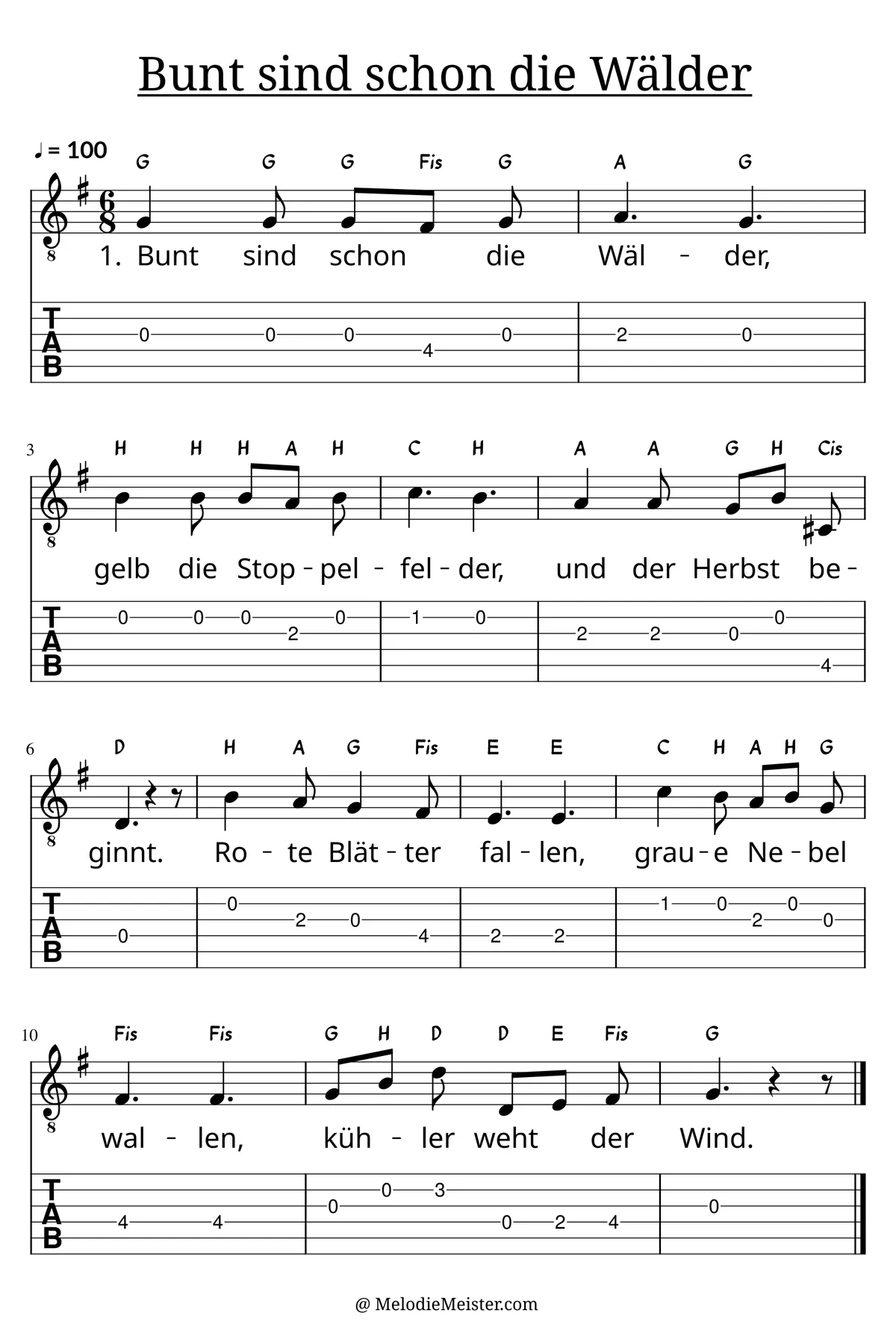 Bunt sind schon die Wälder – Noten für Gitarre mit Tabulatur und Text zum Volkslied, geeignet für Anfänger