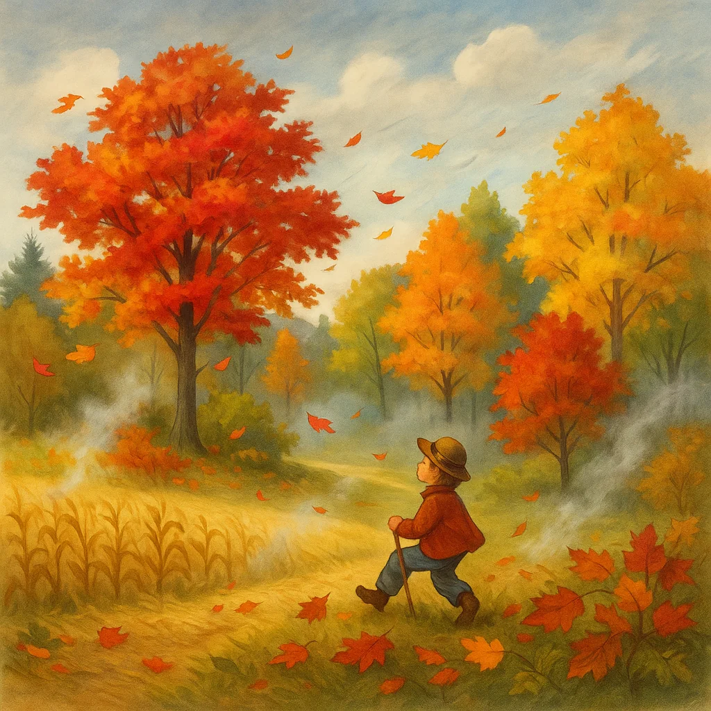 Herbstliche Landschaft mit bunten Laubbäumen, gelben Stoppelfeldern, fallenden roten Blättern und leichtem Nebel, der vom kühlen Wind verweht wird.