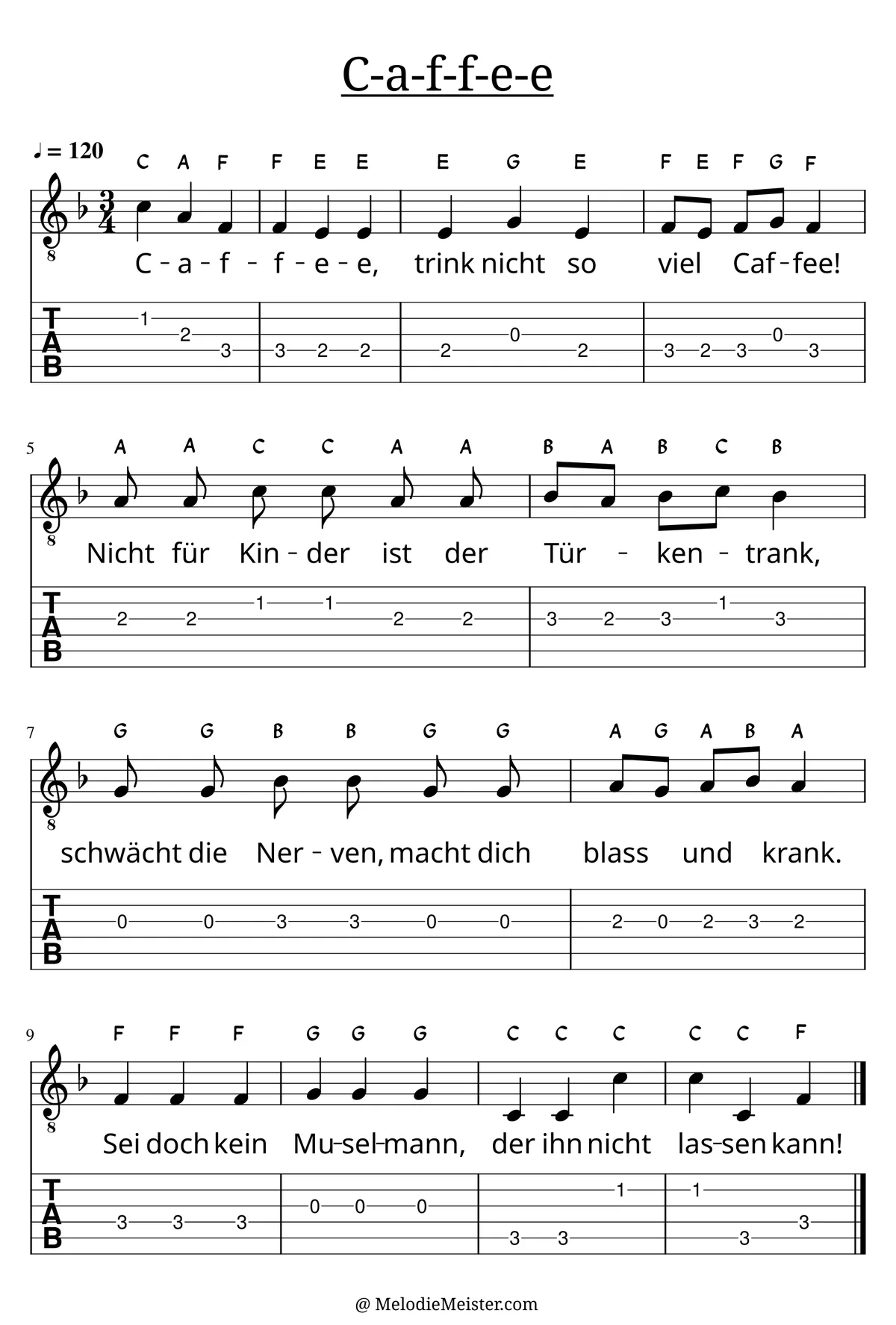 C-a-f-f-e-e (Kanon) – Noten für Gitarre mit Tabulatur und Text zum Kanons, geeignet für Anfänger