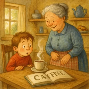 Ein Kind sitzt am Küchentisch und blickt neugierig auf eine dampfende Tasse Kaffee, daneben steht eine lächelnde Großmutter; gemütliche, klassische Küchenszene mit warmem Licht.