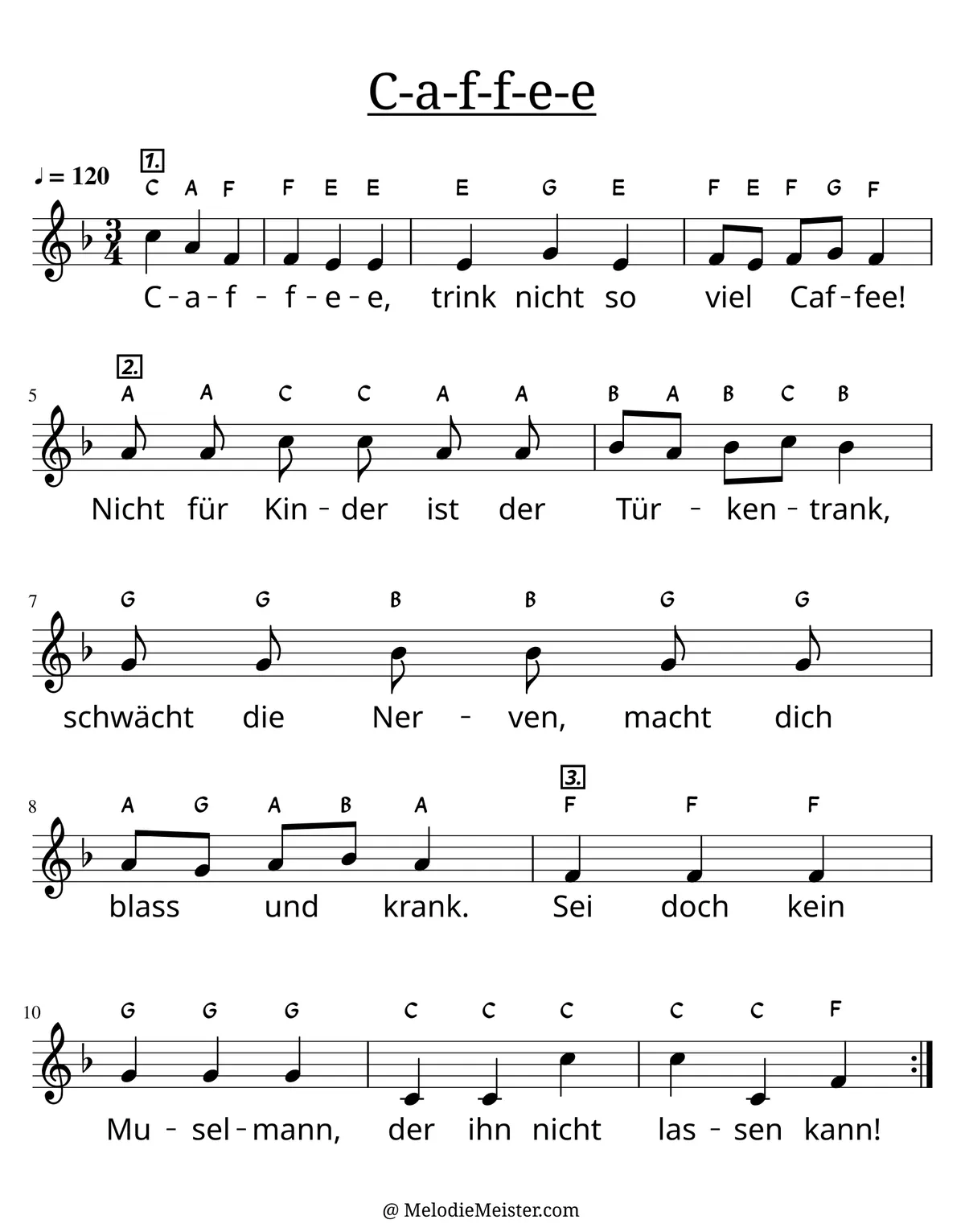Notenblatt „C-a-f-f-e-e (Kanon)“. Einstimmige Melodie im Violinschlüssel, F-Dur, 3/4-Takt, mit der 1. Strophe des Liedtextes.