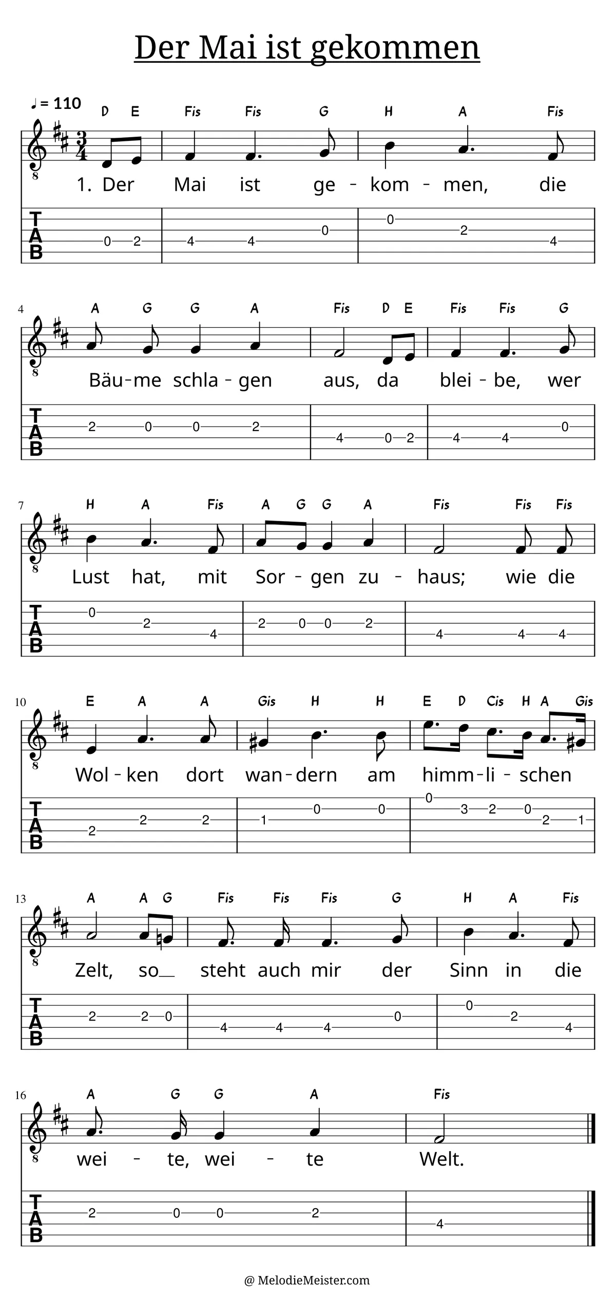 Der Mai ist gekommen – Noten für Gitarre mit Tabulatur und Text zum Volkslied, geeignet für Anfänger