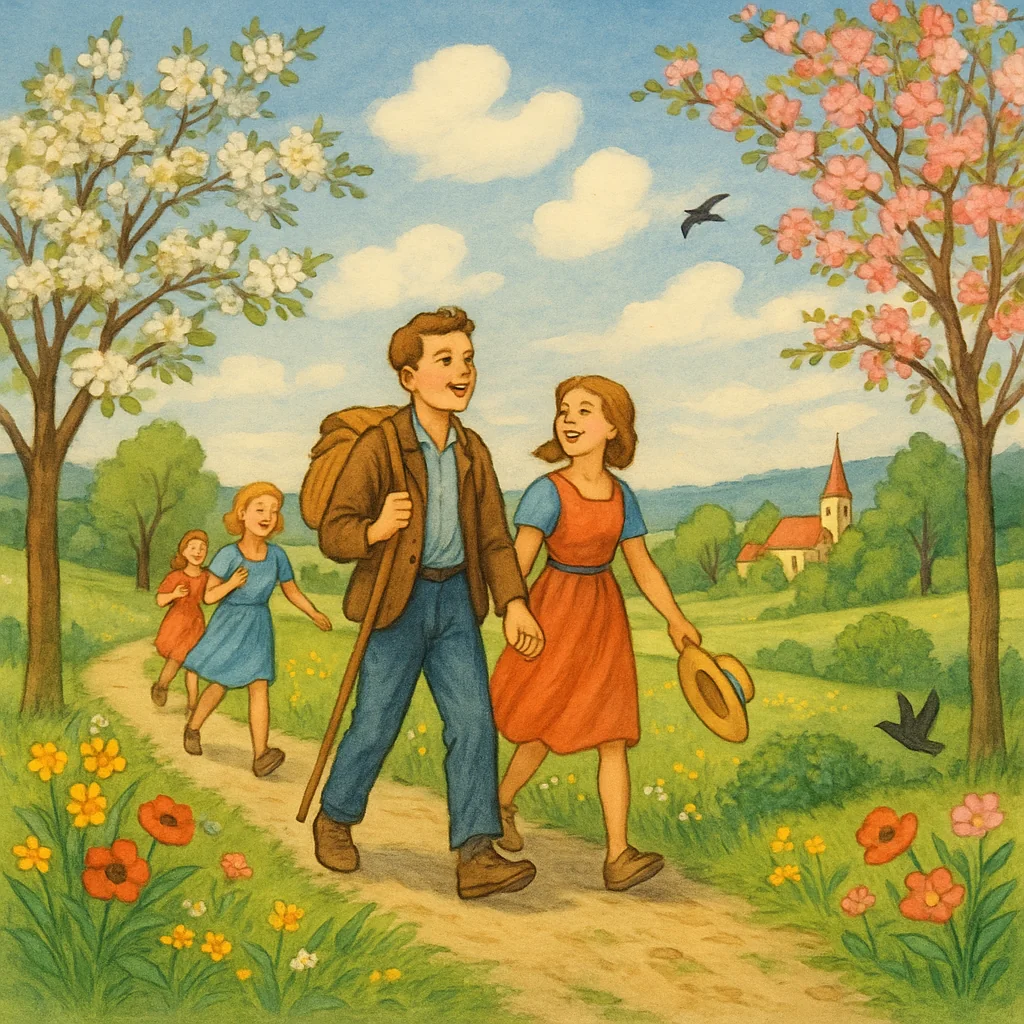 Junge Menschen wandern fröhlich durch eine frische Frühlingslandschaft mit blühenden Bäumen, grünen Wiesen, Blumen und sanften Hügeln unter einem sonnigen Himmel.