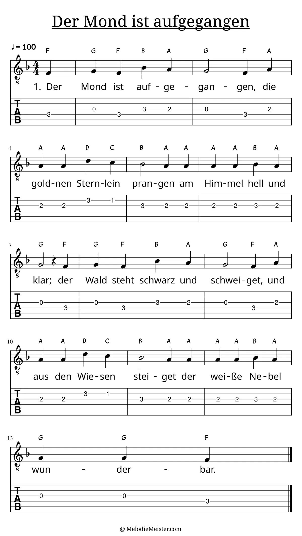 Der Mond ist aufgegangen – Noten für Gitarre mit Tabulatur und Text zum Volkslied, geeignet für Anfänger