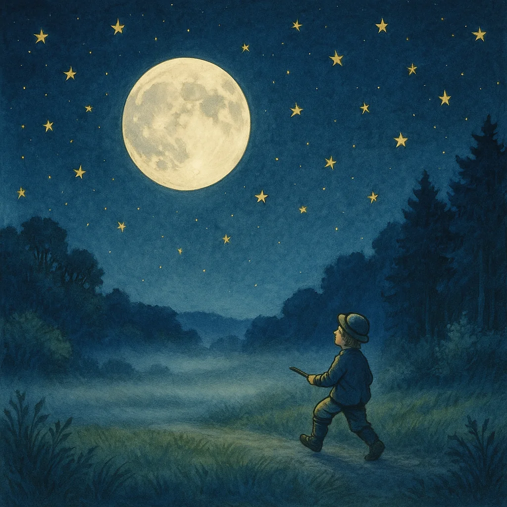 Vollmond und goldene Sterne leuchten am klaren Nachthimmel, über einer friedlichen Wiese mit aufsteigendem Nebel und einem dunklen, ruhigen Wald.