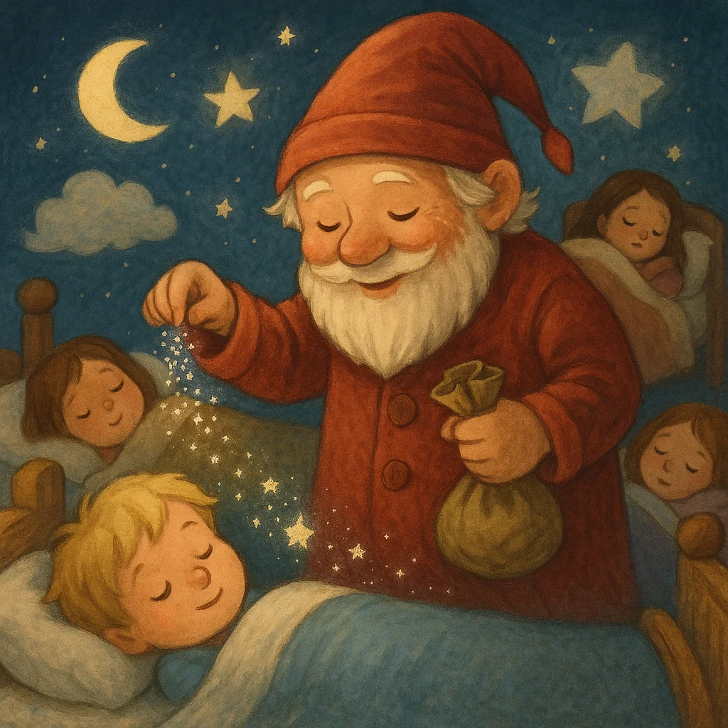 Der Sandmann mit rotem Mantel und Mütze streut weißen Sand aus seinem Säckchen, während Kinder friedlich in ihren Betten schlafen und leuchtende Träume um sie schweben.