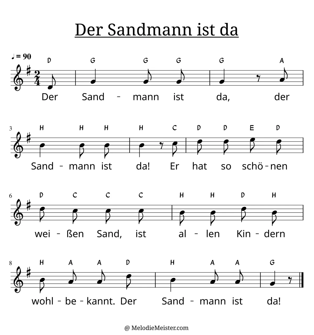 Notenblatt „Der Sandmann ist da“. Einstimmige Melodie im Violinschlüssel, G-Dur, 2/4-Takt, mit der 1. Strophe des Liedtextes.
