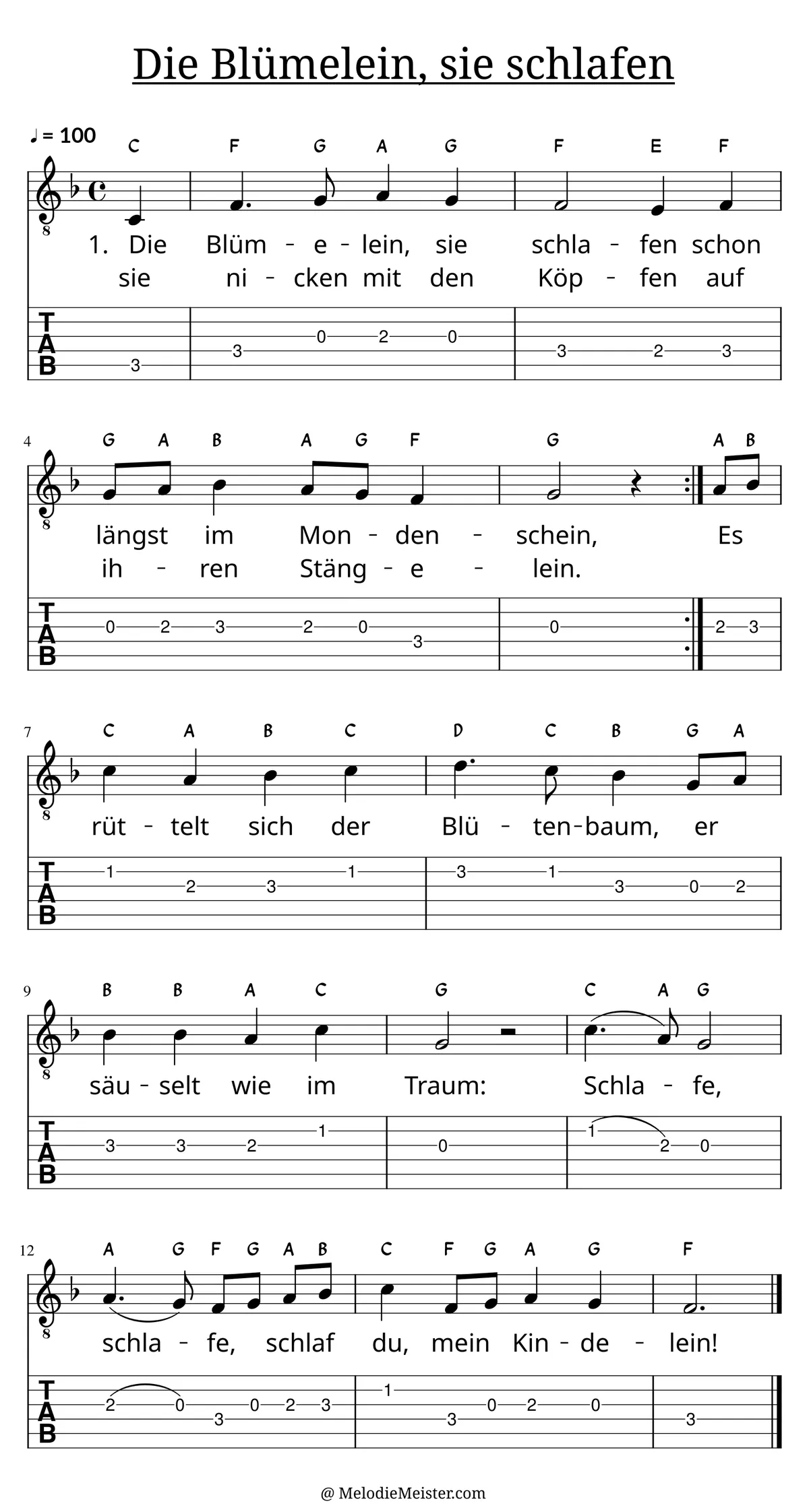 Die Blümelein, sie schlafen – Noten für Gitarre mit Tabulatur und Text zum Schlaflied, geeignet für Anfänger