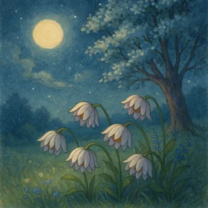 Schlafende Blumen mit geneigten Blütenköpfen auf einer Wiese im Mondschein, im Hintergrund wiegt sich ein blühender Baum sanft im Nachtwind.