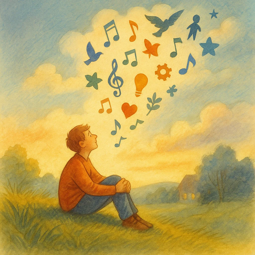 Eine Person sitzt verträumt auf einer Wiese, bunte Gedanken in Form von Vögeln, Noten und Symbolen steigen als schwebende Figuren in den weiten Himmel auf.