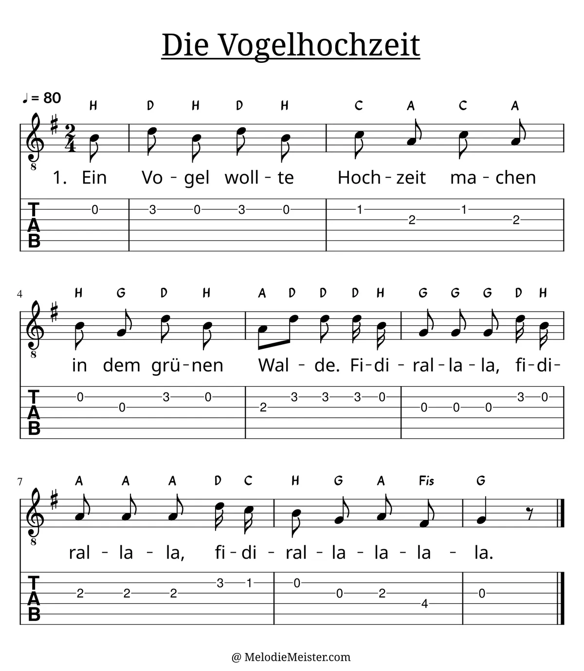 Die Vogelhochzeit - Ein Vogel wollte Hochzeit machen – Noten für Gitarre mit Tabulatur und Text zum Volkslied, geeignet für Anfänger