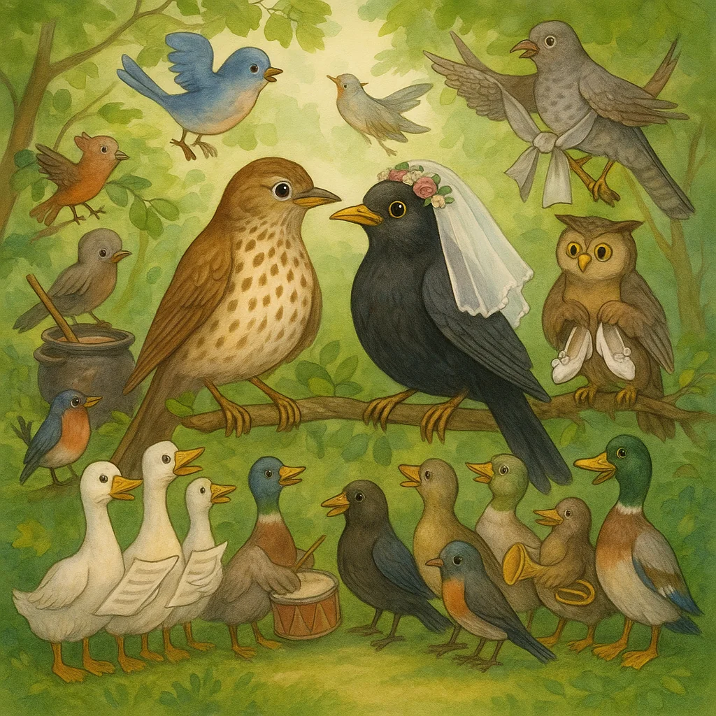 Viele Vögel feiern im grünen Wald eine Hochzeit; Drossel und Amsel als Brautpaar sitzen festlich geschmückt in der Mitte, umgeben von musizierenden Gänsen und Enten sowie weiteren bunten Vögeln.