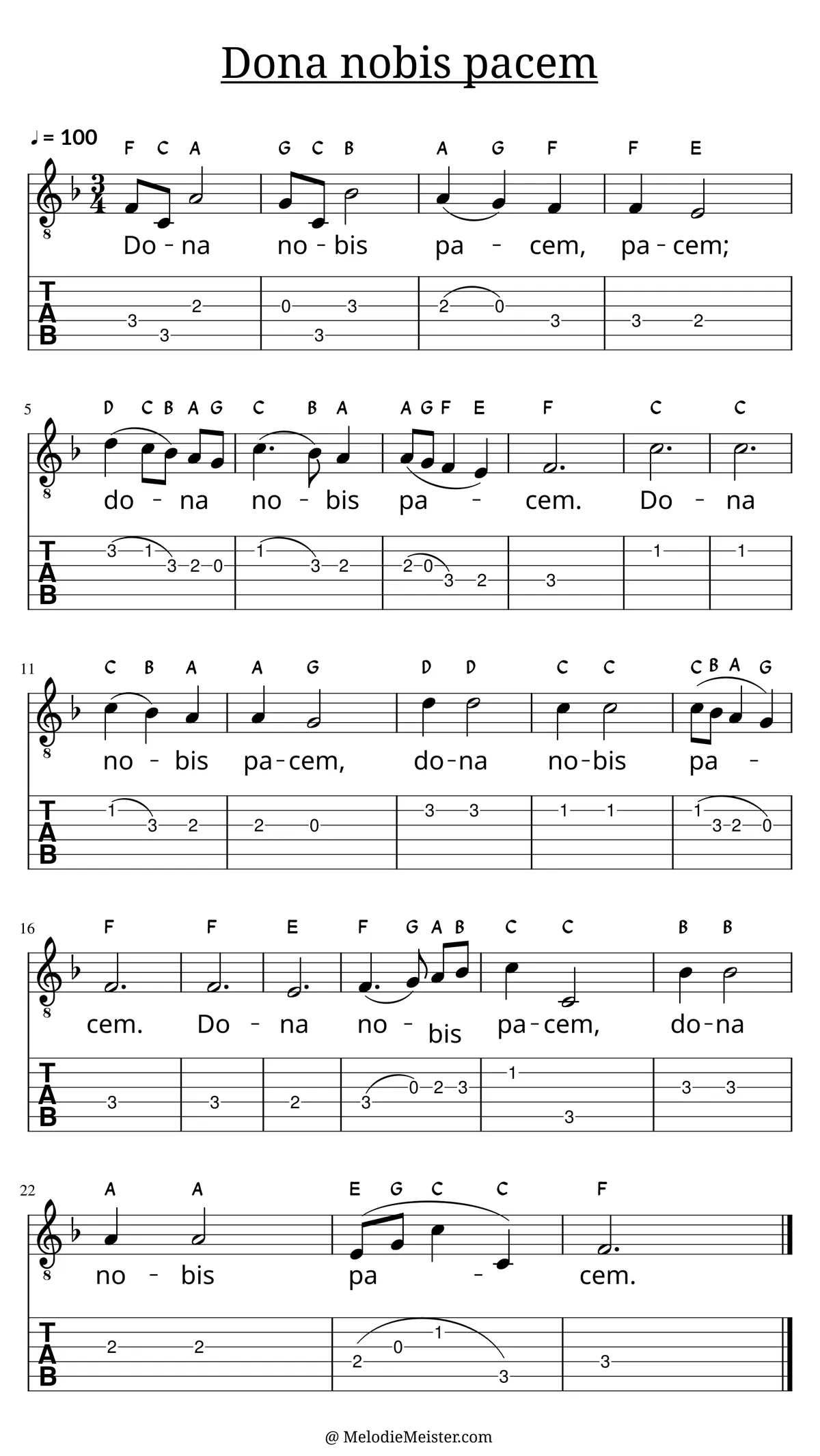 Dona Nobis Pacem (Kanon) – Noten für Gitarre mit Tabulatur und Text zum Kanons, geeignet für Anfänger