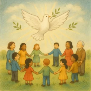 Kinder und Erwachsene verschiedener Herkunft stehen im Kreis auf einer grünen Wiese, in der Mitte schwebt eine weiße Friedenstaube, die Szene wirkt ruhig und friedlich.
