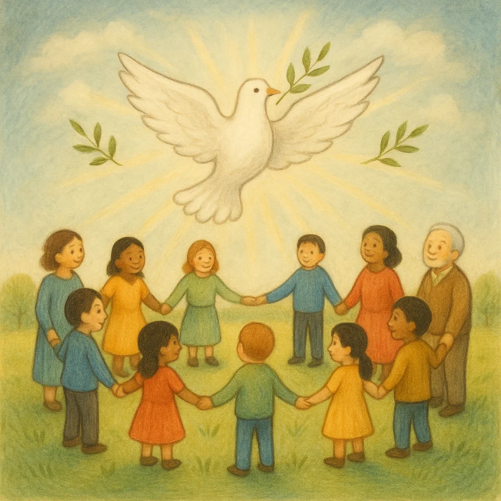 Kinder und Erwachsene verschiedener Herkunft stehen im Kreis auf einer grünen Wiese, in der Mitte schwebt eine weiße Friedenstaube, die Szene wirkt ruhig und friedlich.