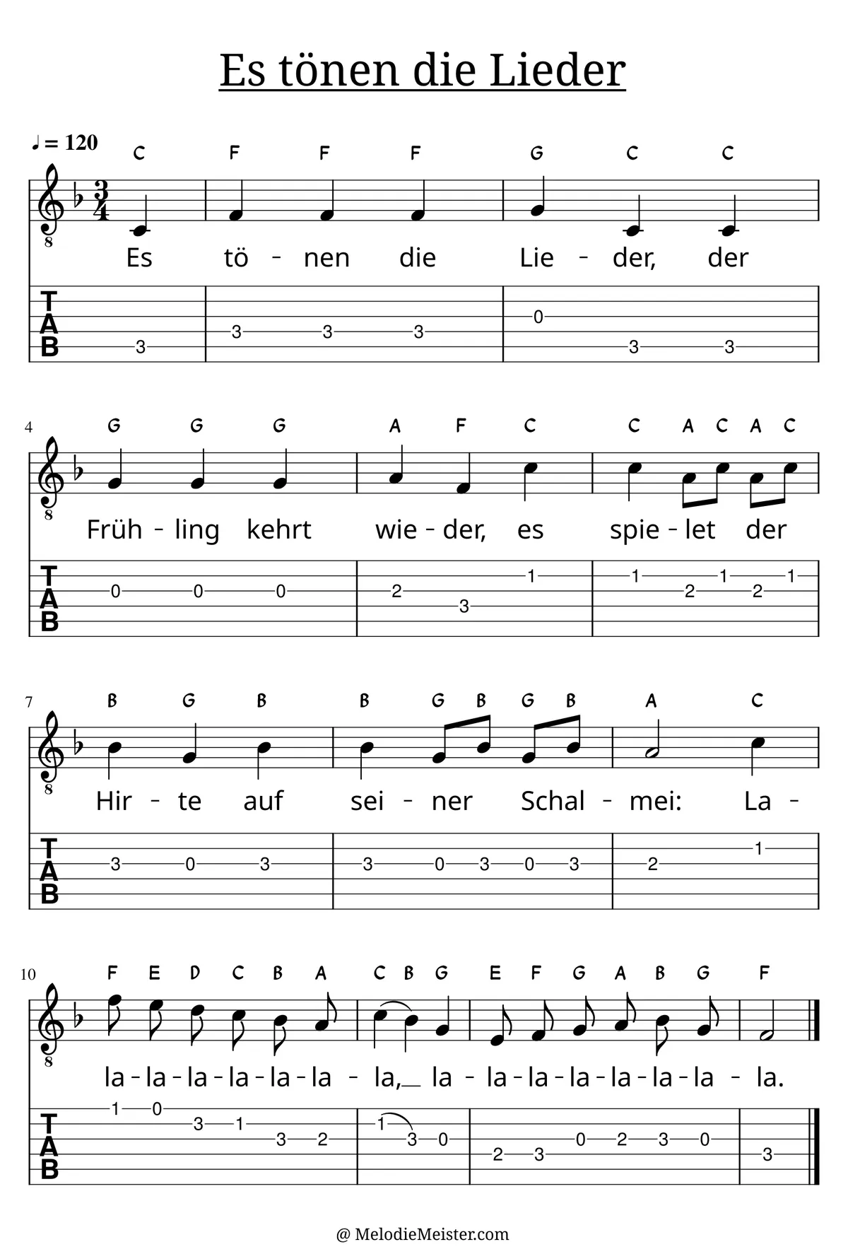 Es tönen die Lieder (Kanon) – Noten für Gitarre mit Tabulatur und Text zum Kanons, geeignet für Anfänger